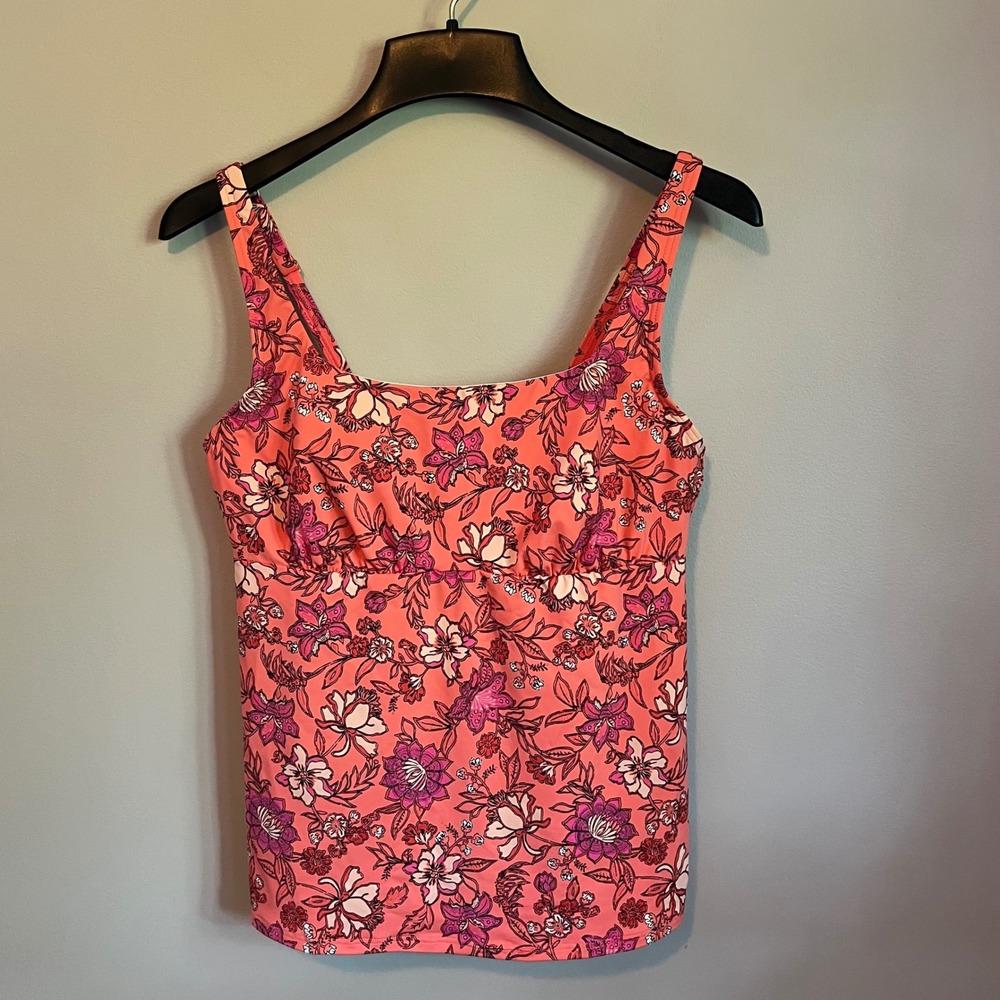 Lands' End Women 12 Coral Pink Floral Tropical Tankini Swim Top Adj Straps Bra